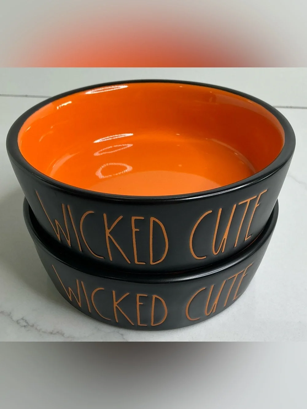 2 Rae Dunn Food Water Bowl Wicked Cute Dog Cat Small Ceramic Halloween Orange